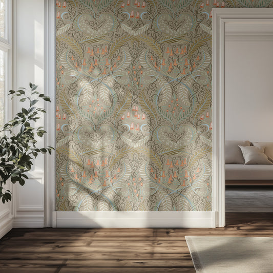 Decorative wallpaper with intricate floral patterned wallpaper in a room with a couch and plant.