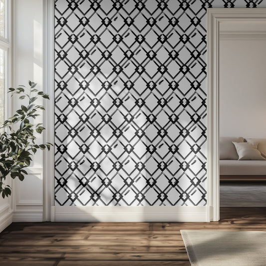 Modern interior with black and white diamond art deco style wallpaper patterned hallway wall.