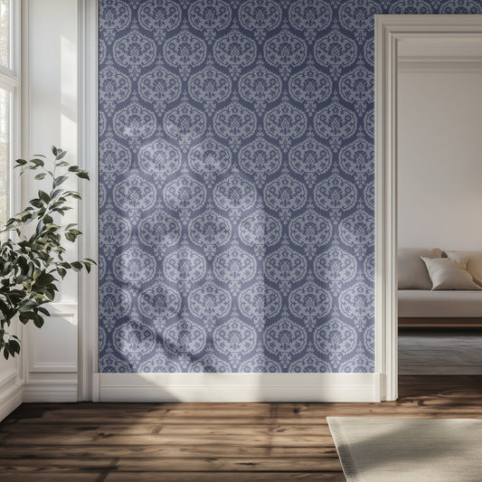 Living room with decorative blue and light blue damask wallpaper pattern.