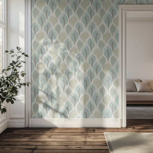Hallway with light teal and blue lily wallpaper, wooden floor, and a plant.