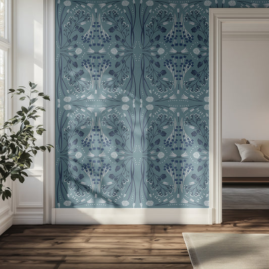 Decorative blue and teal floral patterned hallway wall.