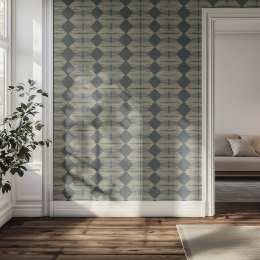 Hallway featuring a statement wall with a textured, diamond patterned, wallpaper.