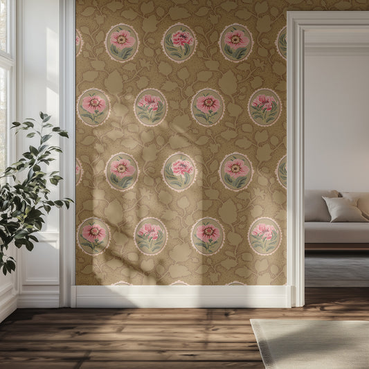 Decorative wallpaper with floral cameo patterns in a room with a couch and plant.
