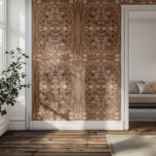 Decorative wallpaper with intricate patterns on a brown background in a hallway.