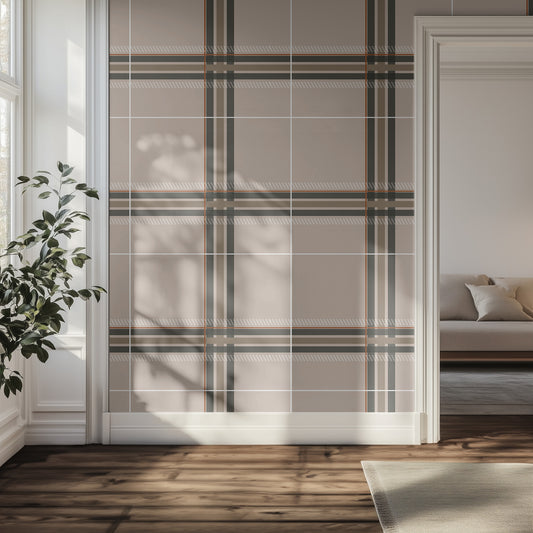 Hallway interior with a sophisticated neutral plaid patterned wall and soft natural lighting.