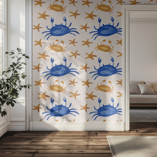 Hallway with wallpaper featuring blue crabs and yellow starfish pattern, hardwood floor, and natural lighting.