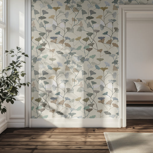 Hallway with leaf and floral wallpaper, a plant, and a sofa.