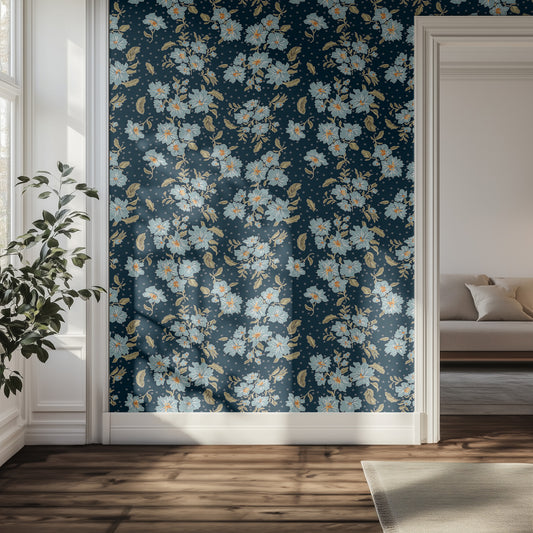 A hallway with dark and light blue floral wallpaper, soft natural lighting, and hardwood floor.