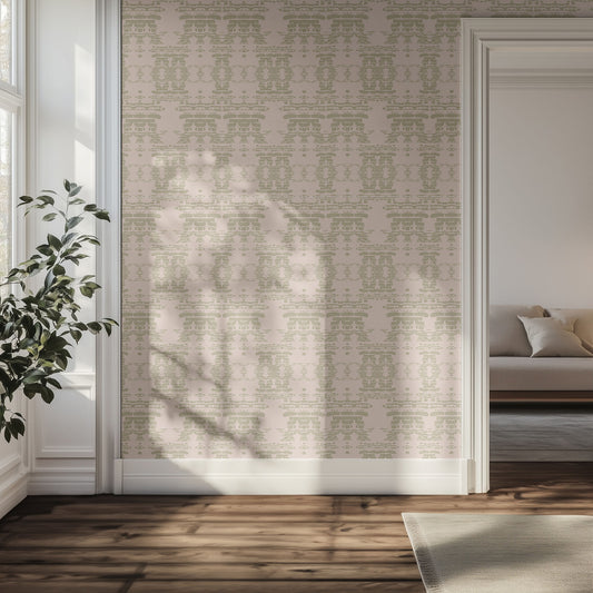 Hallway with light boho patterned wallpaper, wooden floor, and a plant.