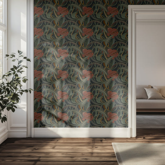 Hallway with vintage floral-patterned wallpaper, plant, and sofa.