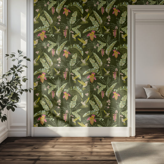 Hallway with a green jungle floral wallpaper panel and a couch in the background.
