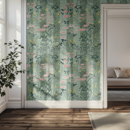 Hallway with floral-patterned wallpaper and a couch.