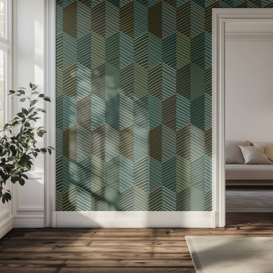 Hallway wall with green geometric pattern in a modern interior setting.