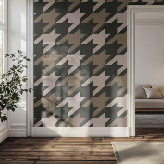 Hallway with a houndstooth patterned wall panel, hardwood floor, and natural light.