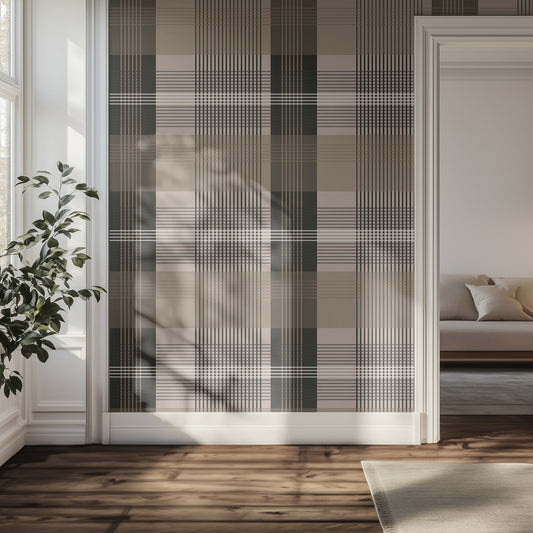 Taupe and muted forest green plaid patterned hallway wall.