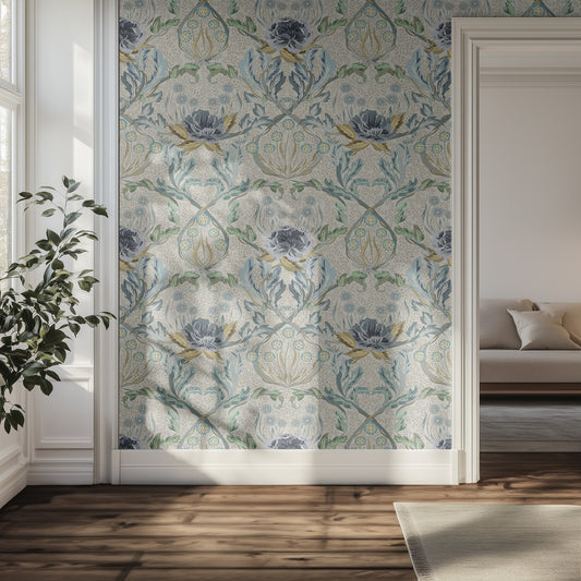 Hallway with ornate, light blue, floral wallpaper, hardwood floors, a plant by the window.