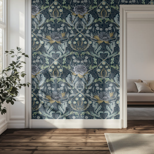 Living room with decorative wallpaper featuring a dramatic, traditional navy floral pattern.