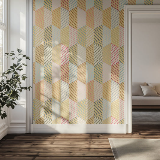 Hallway with a multicolored geometric patterned wallpaper, plant, and sofa.
