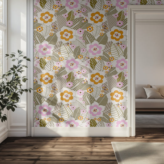 Hallway with orange and pink floral patterned wallpaper and a plant.