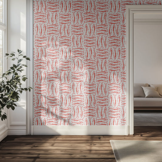 Hallway with red sardine patterned wallpaper, wooden floor, and a plant.