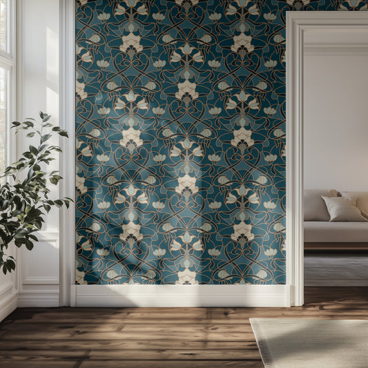 Decorative blue floral wallpaper in a room with a couch and plant.