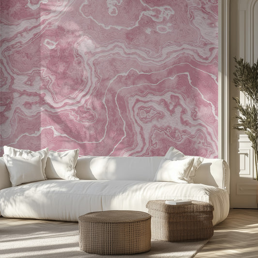 Living room with pink marble wallpaper and white sofa