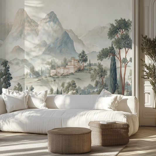 Living room with a large wall mural of a mountain landscape and white sofa.