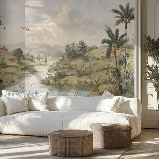 Living room with a large tropical scenic wall mural and white sofa.
