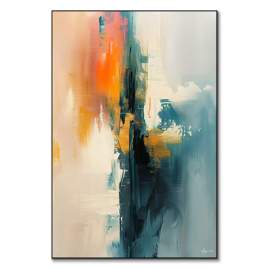 Fiery oranges transition to calming teals and blues.