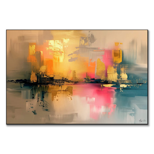 Warm gold and orange tones reflected in softer pinks and blues, creating depth.
