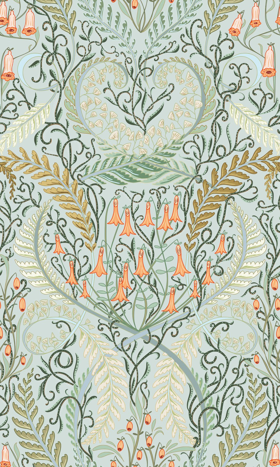 Decorative pattern with floral and leaf designs on a light blue background