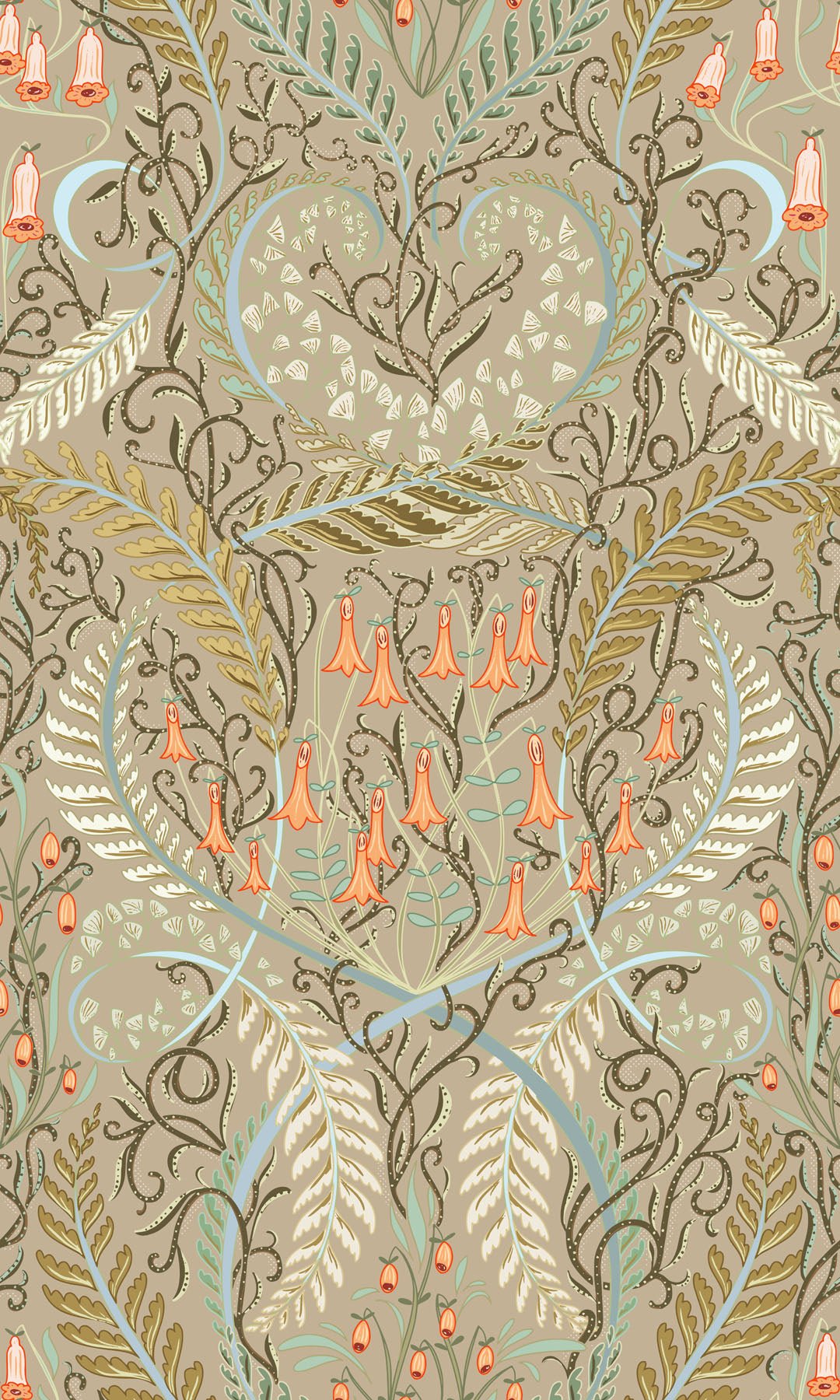 Decorative wallpaper design with intricate patterns botanical and small orange bell flowers on a beige background.