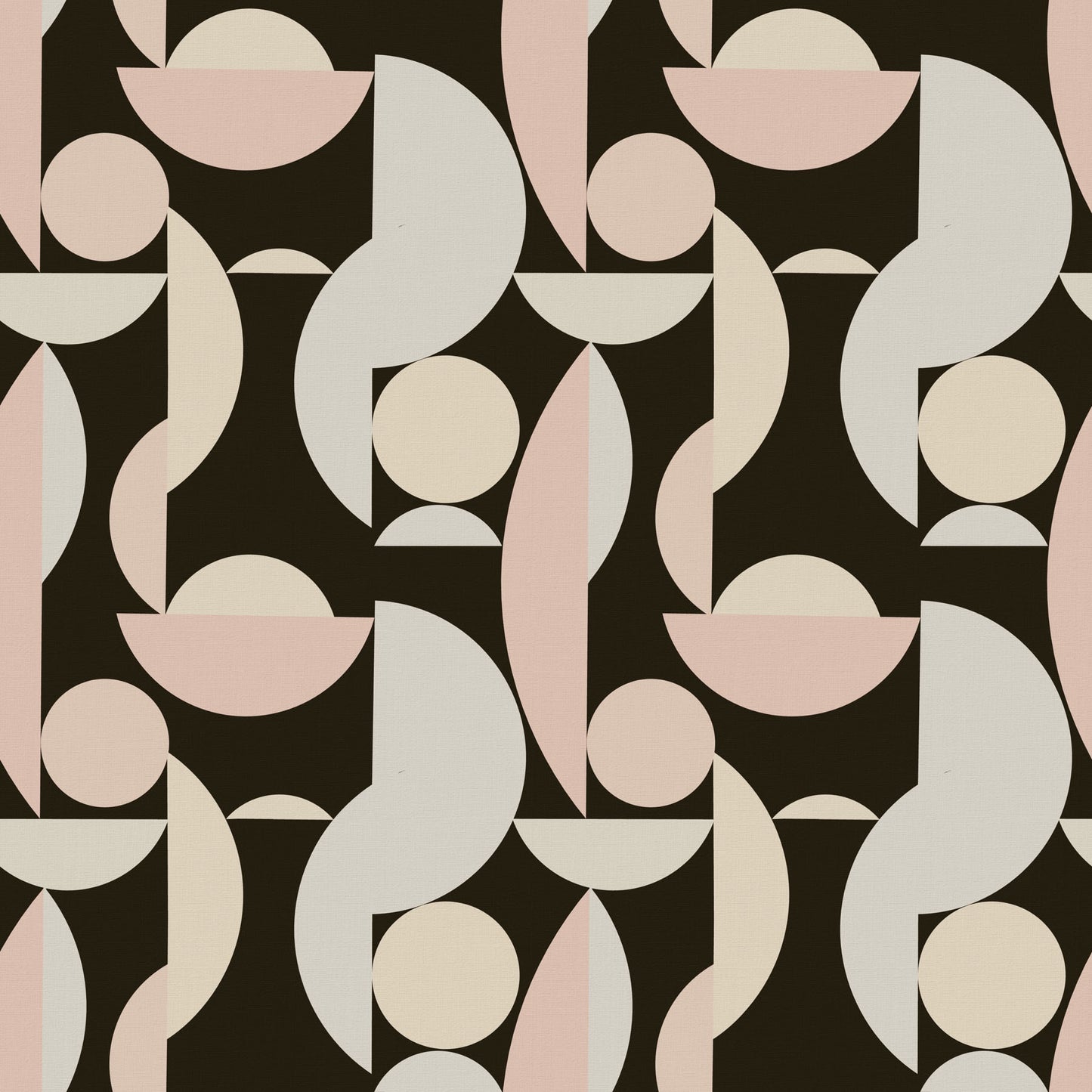 Geometric pattern with abstract shapes in pink, beige, and gray on a dark background.