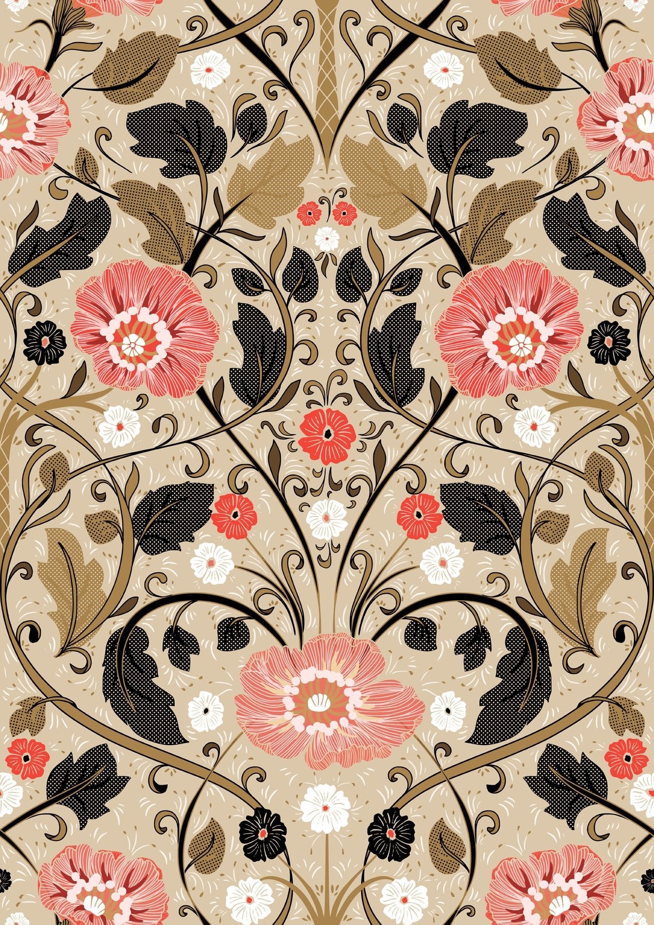 Vintage, symmetrical, floral pattern with pink poppies, black detail, and white flowers on a beige background