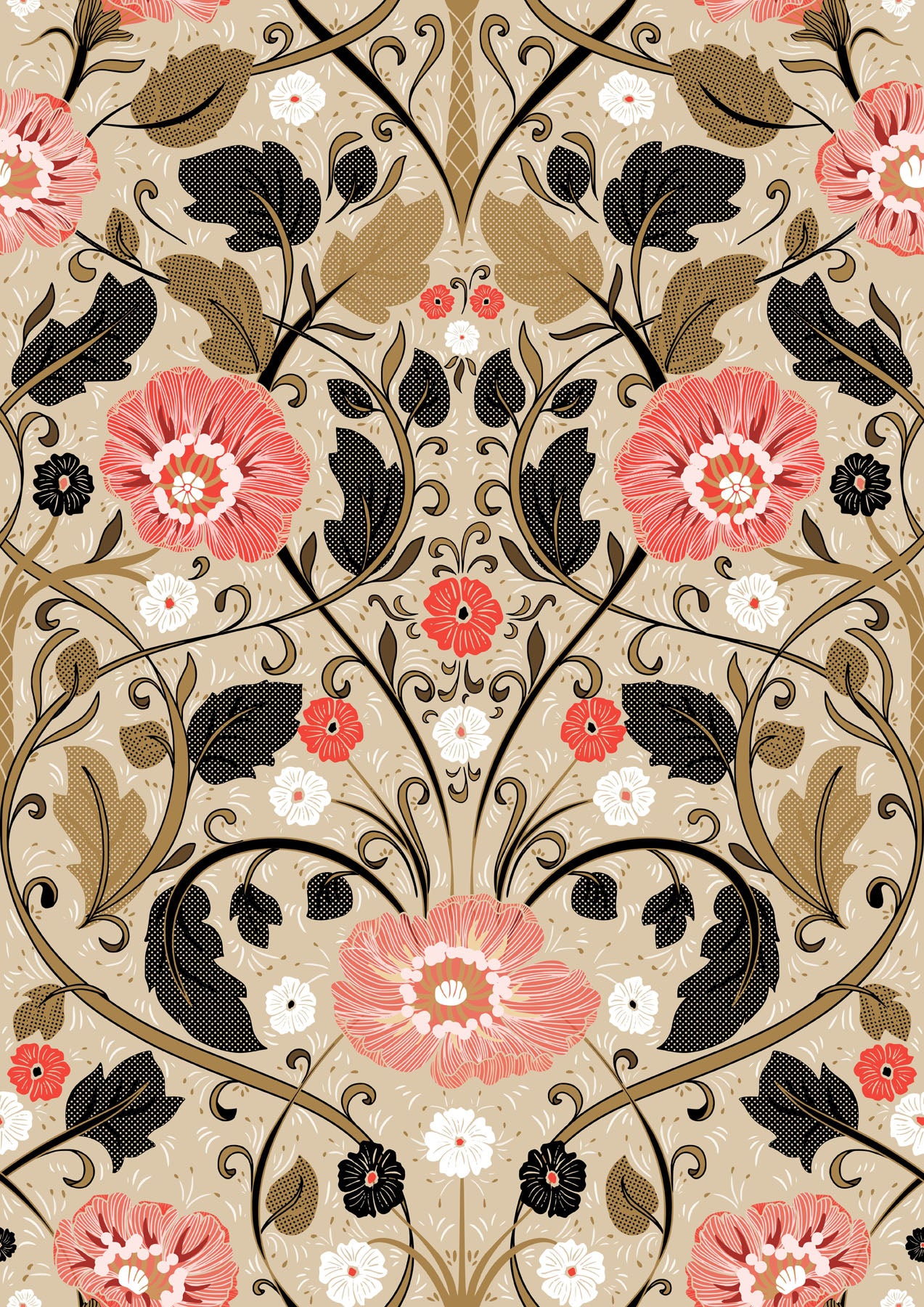 Vintage, symmetrical, floral pattern with pink poppies, black detail, and white flowers on a beige background