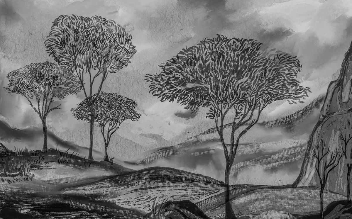 Black and white painted landscape with trees and a rock.