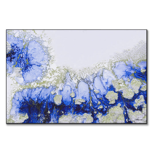 Abstract painting featuring swirling oceanic blues and bright silver accents, evoking a sense of calm water movement.