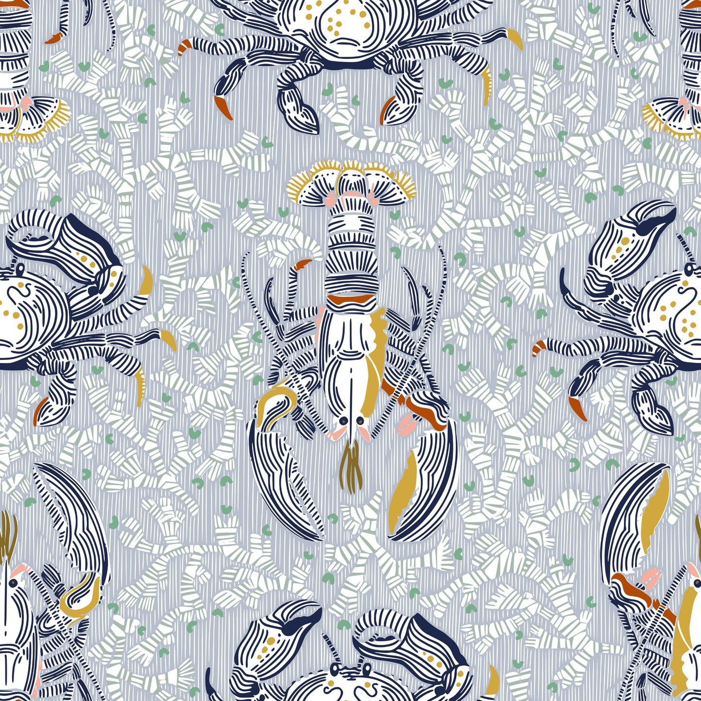 Stylized lobster and crab illustrated wallpaper design with light blue coral in the background.