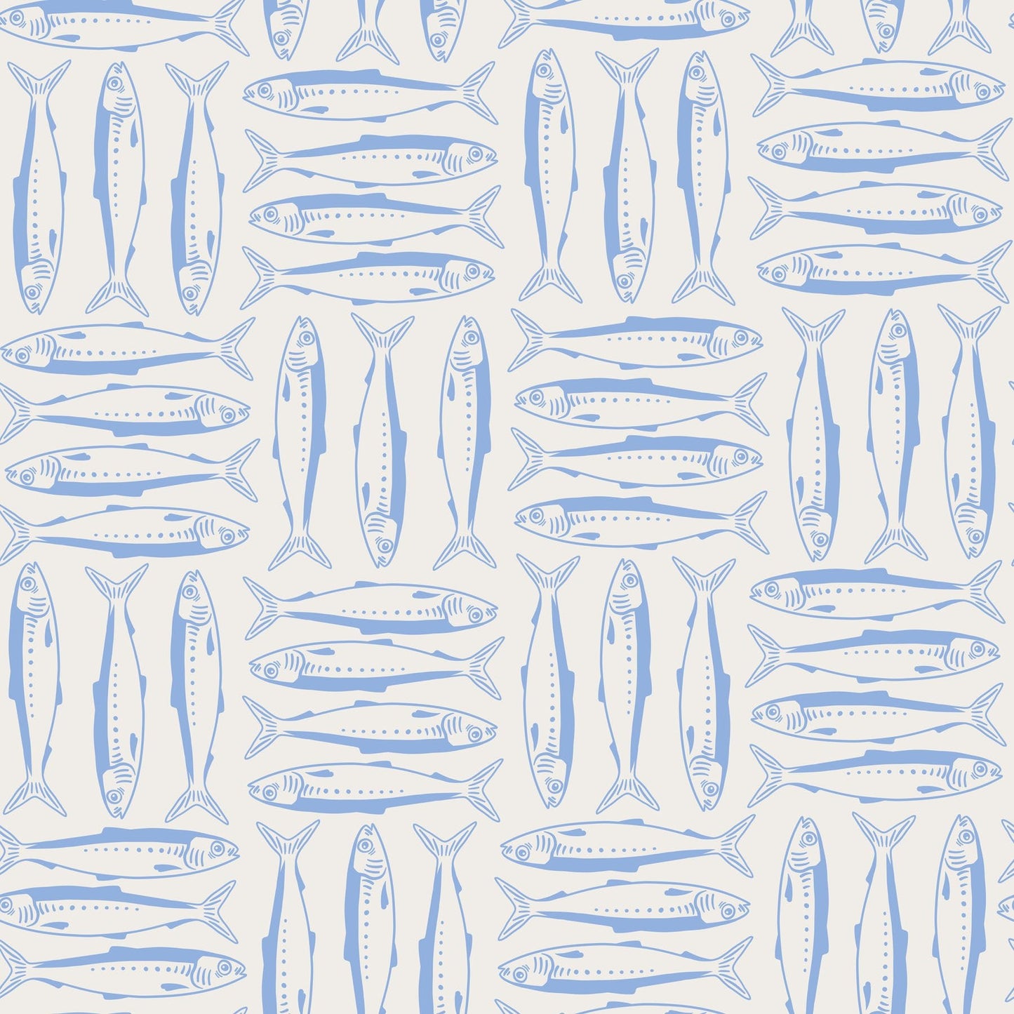 Wallpaper pattern of blue sardines on a white background.