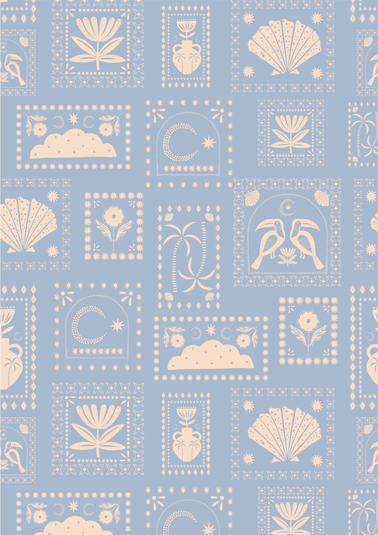 Decorative pattern with sea-themed vintage postage stamps in white on a light blue background.