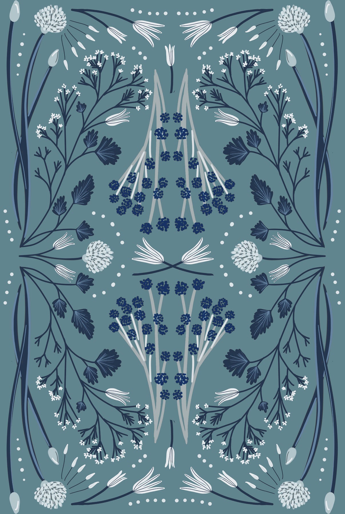 Boho, blue, white, and teal wildflower wallpaper design.