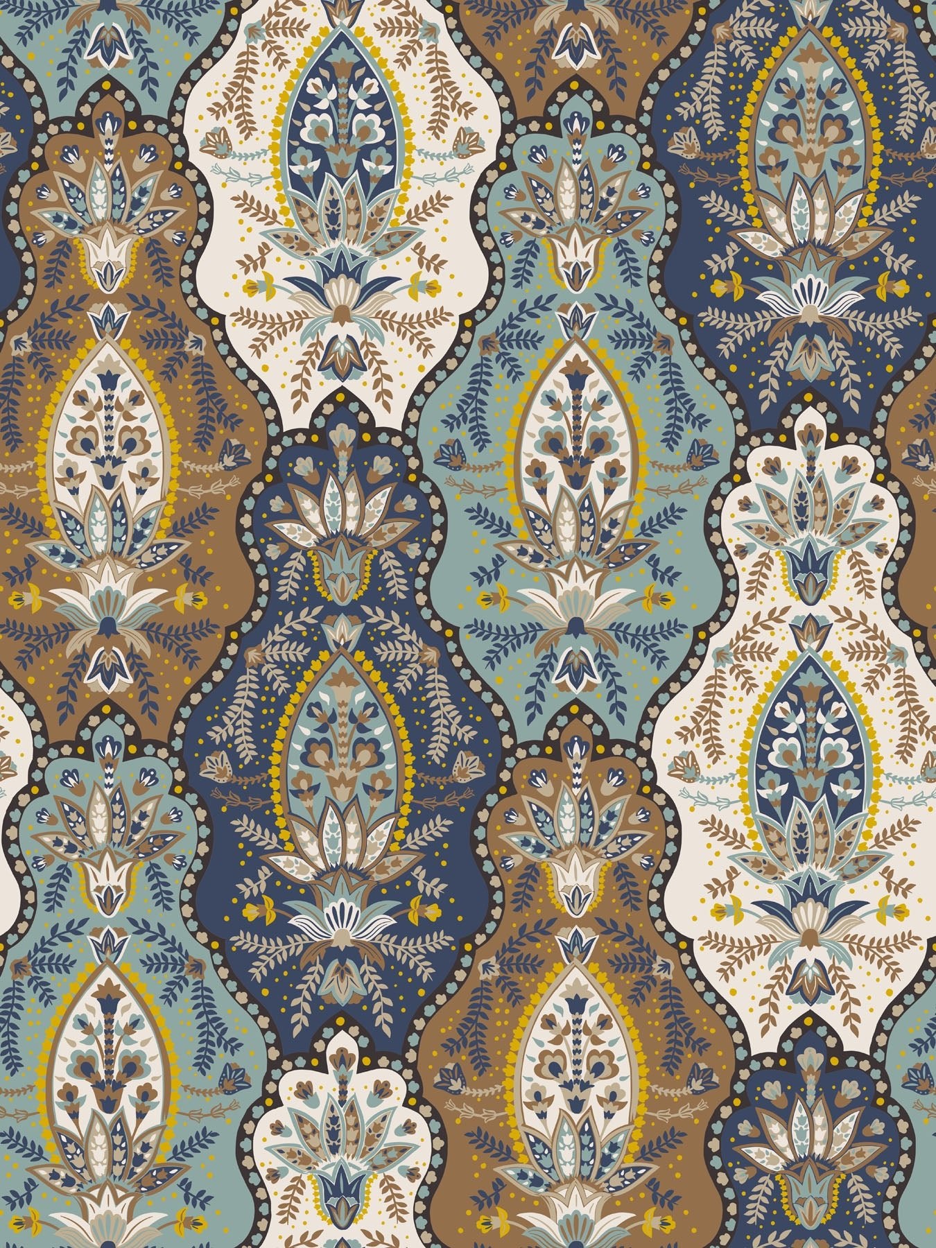 Decorative boho pattern with intricate design in blue, brown, and beige tones.