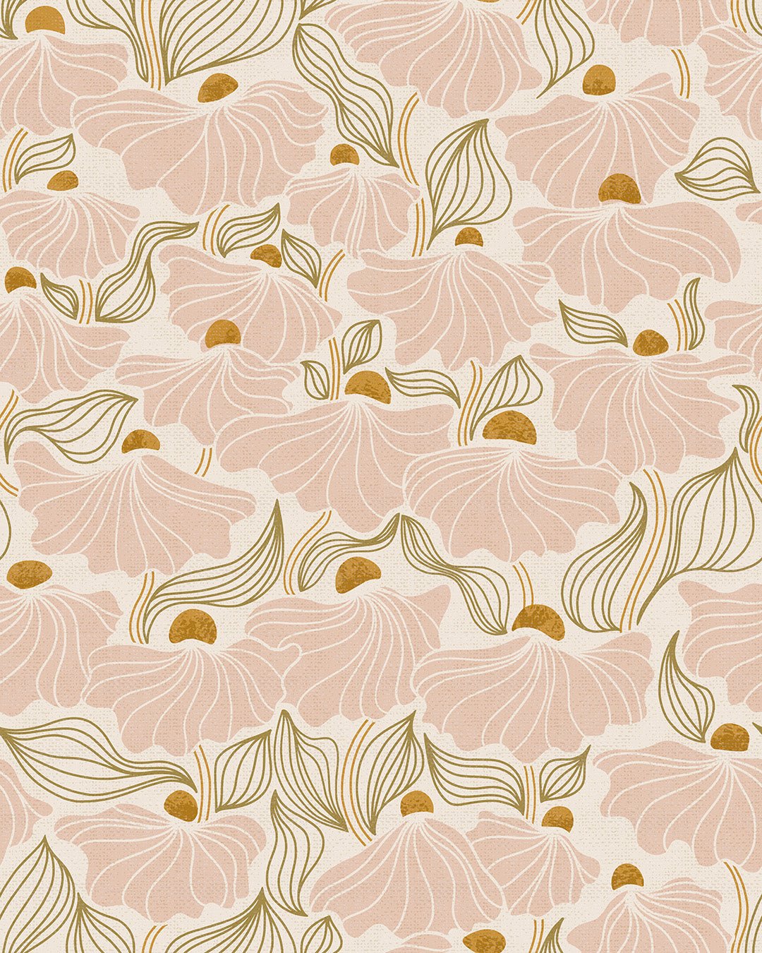 Soft blush floral wallpaper pattern with oversized stylized flowers in warm pink, cream, and golden tones, creating a modern boho aesthetic.