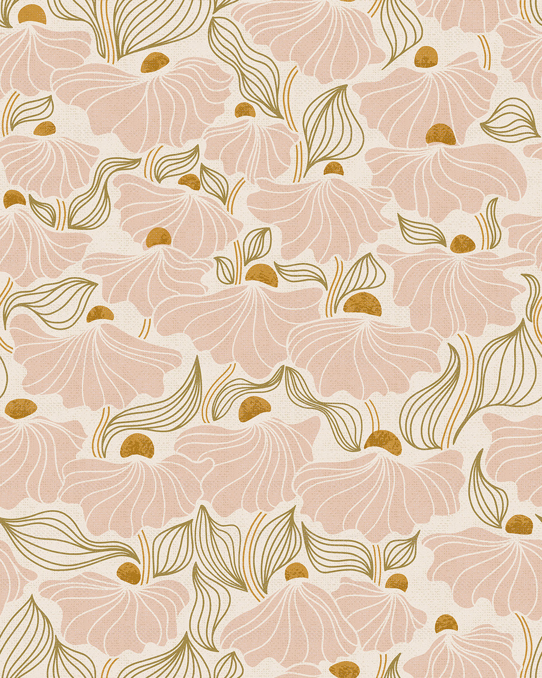 Soft blush floral wallpaper pattern with oversized stylized flowers in warm pink, cream, and golden tones, creating a modern boho aesthetic.