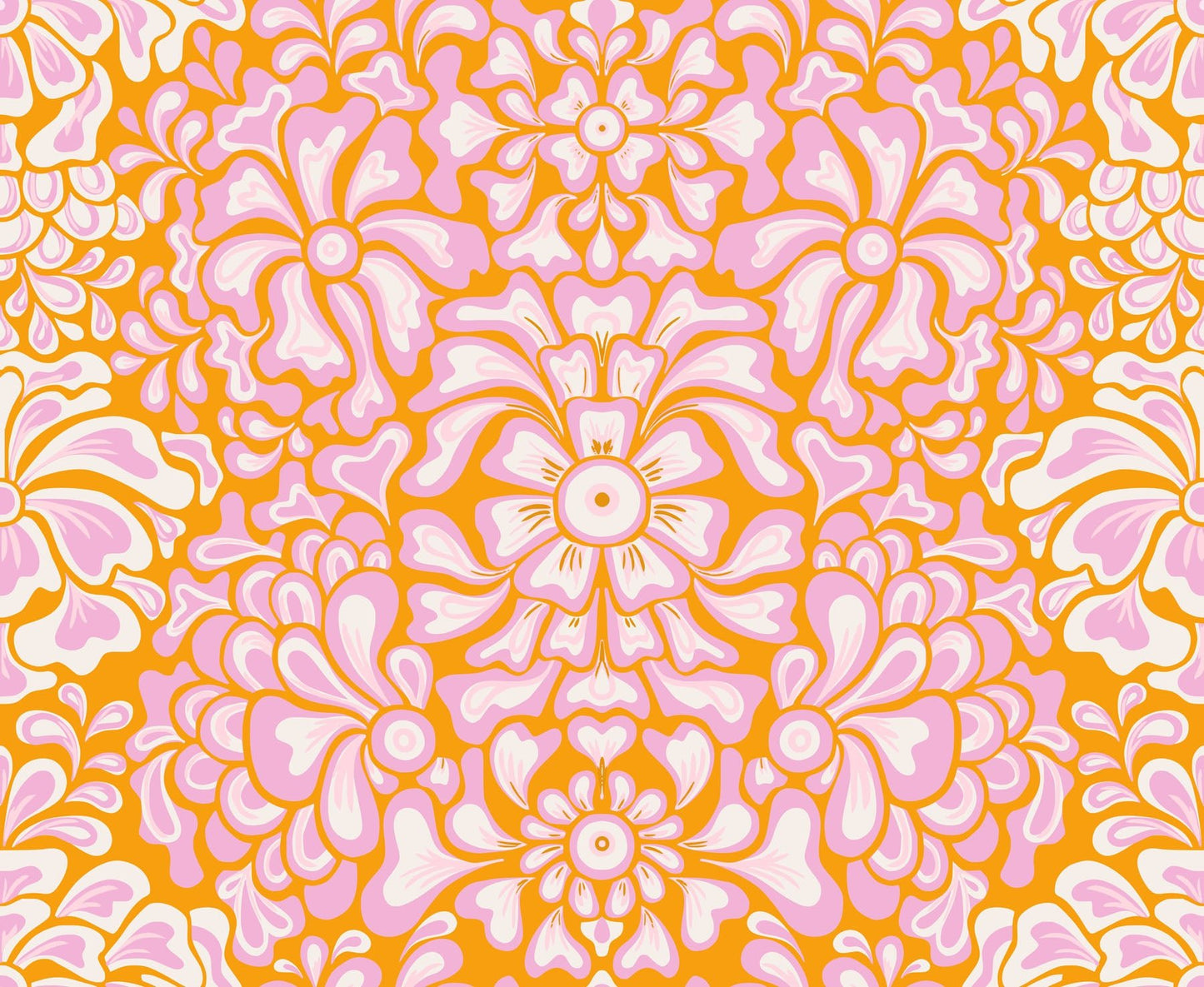Pattern of light pink, orange, and white floral shapes.