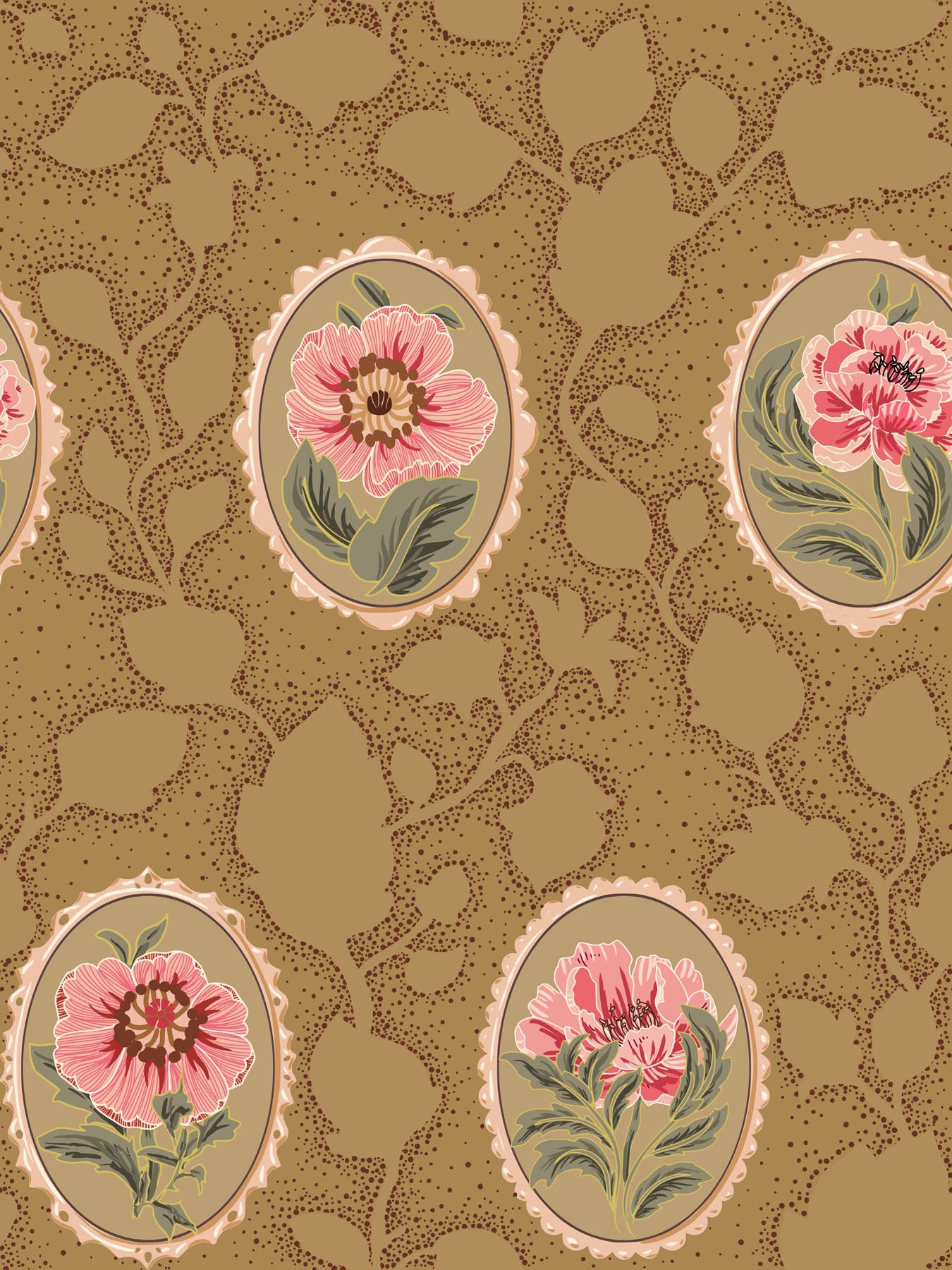 Floral cameo pattern with pink flowers and green leaves on a brown background.