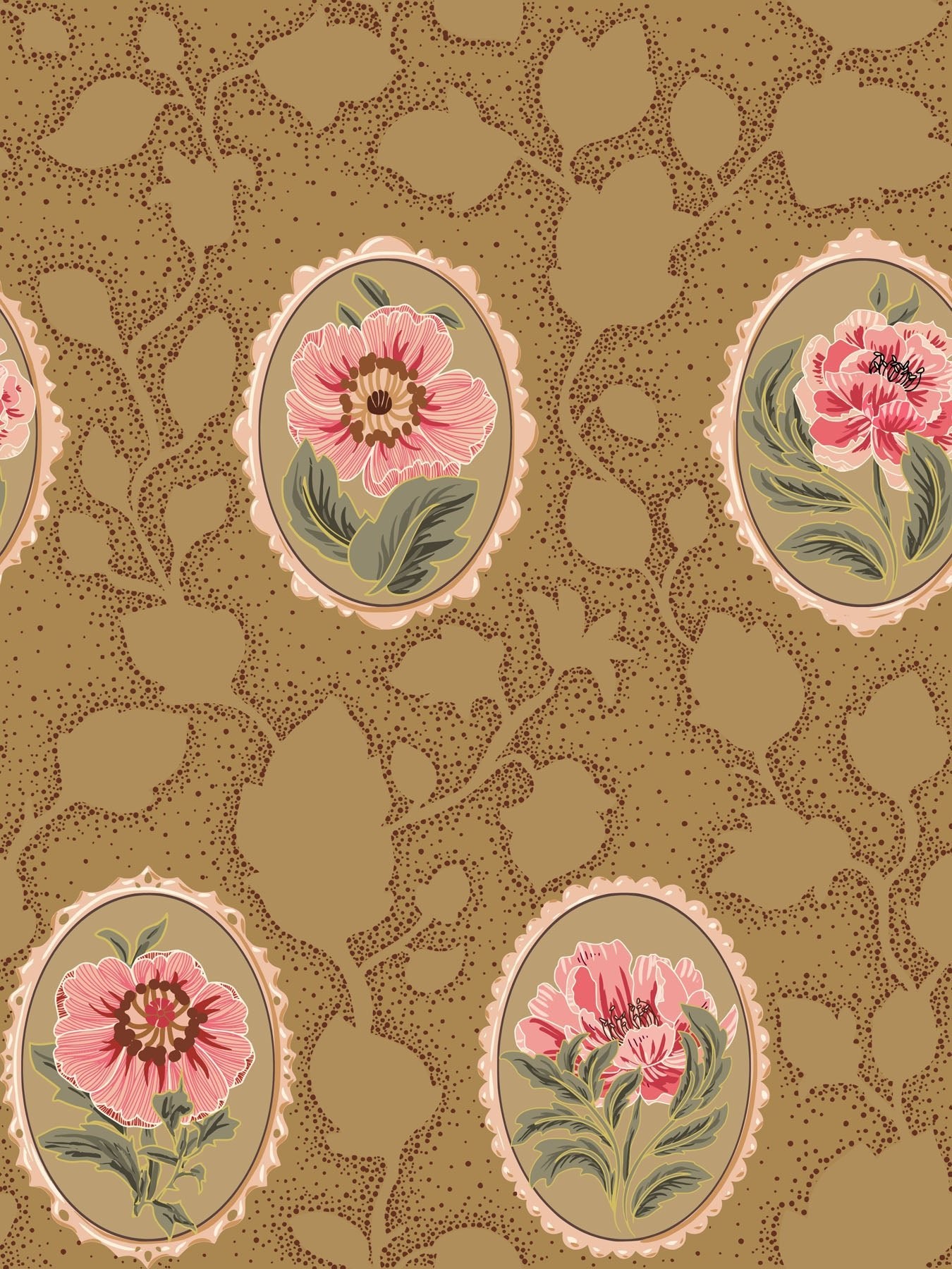 Floral cameo pattern with pink flowers and green leaves on a brown background.