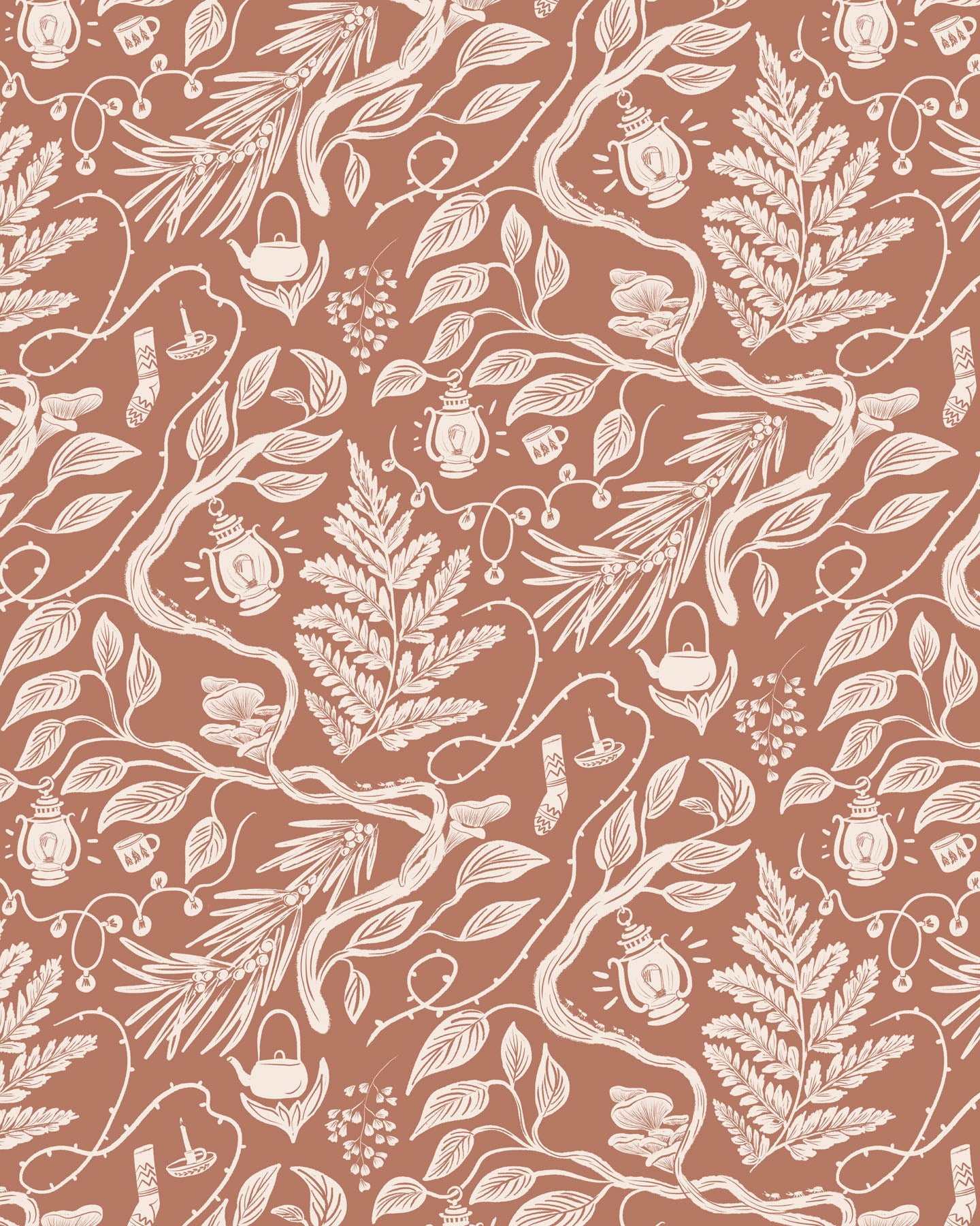 Brown and cream branch and foliage wallpaper pattern.