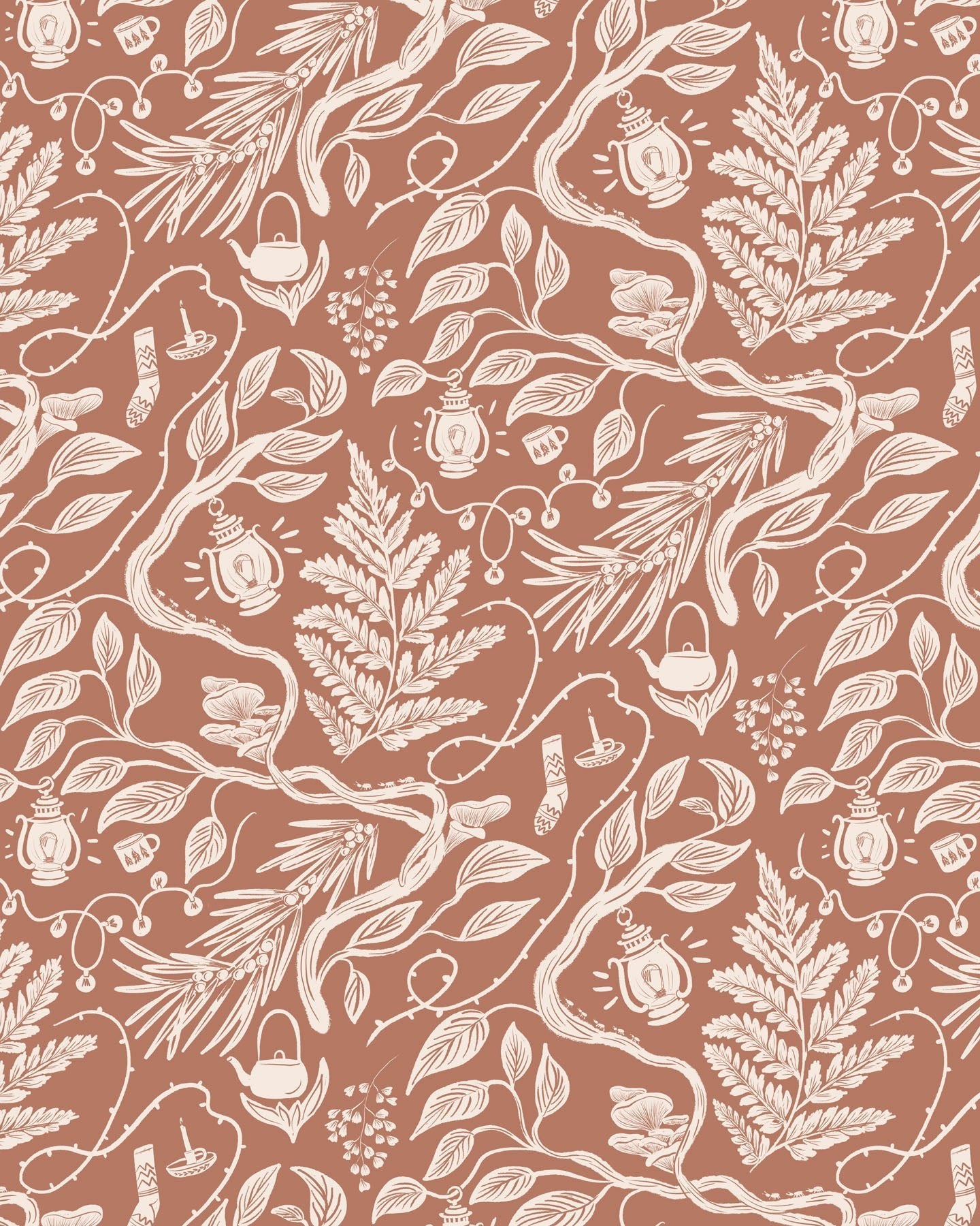 Brown and cream branch and foliage wallpaper pattern.