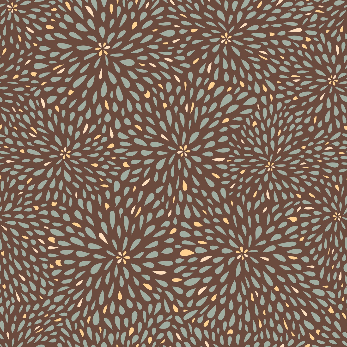 Wallpaper pattern of brown with teal and beige petal bursts.